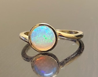 14K Yellow Gold Minimalist Opal Engagement Ring - Modern Handmade 14K Gold Opal Wedding Ring - 14K Gold Solitaire Opal Ring