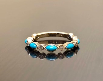 14K Yellow Gold Diamond Turquoise Engagement Band - 14K Gold Art Deco Turquoise Diamond Wedding Band - 14K Gold Diamond Turquoise Band