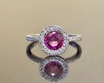 14K White Gold Pink Sapphire Halo Diamond Engagement Ring - 14K Gold Sapphire Diamond Wedding Ring - Halo Pink Sapphire Ring - Diamond Ring