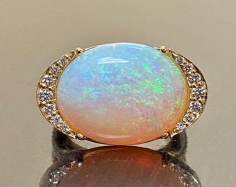 18K Yellow Gold 10 Carat Australian Opal Diamond Engagement Ring - Handmade Modern Yellow Gold Split Shank Diamond Opal Wedding Ring