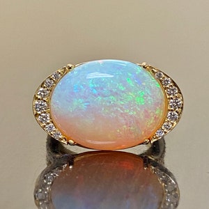 18K Yellow Gold 10 Carat Australian Opal Diamond Engagement Ring - Handmade Modern Yellow Gold Split Shank Diamond Opal Wedding Ring