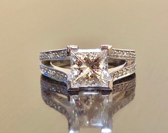 14K White Gold Princess Cut Diamond Engagement Ring - 14K Gold Art Deco Diamond Wedding Ring - Split Shank Pave Diamond Princess Cut Ring