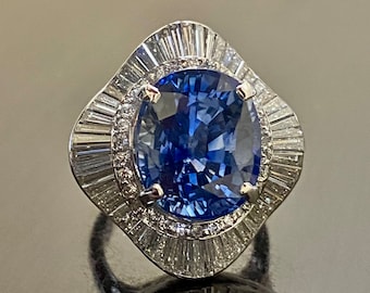 Art Deco Platinum Baguette Diamond GIA Certified Oval 10.47 Carat Blue Sapphire Ring - GIA Sri Lanka Blue Sapphire Diamond Wedding Ring