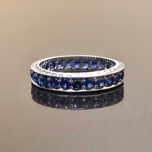 Art Deco Hand Engraved Platinum Eternity Blue Sapphire Band - Platinum Sapphire Eternity Band - Art Deco Sapphire Platinum Engagement Band