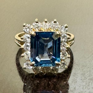 14K Yellow Gold Diamond 2.54 Carat Emerald Cut Blue Sapphire Engagement Ring - 14K Gold Blue Sapphire Halo Diamond Wedding Ring