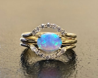 18K Yellow Gold Diamond Opal Engagement Ring Bridal Set - Modern Handmade 18K Gold Australian Opal Diamond Wedding Ring - Opal Diamond Ring