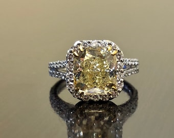 Art Deco Platinum Yellow Diamond Engagement Ring - Platinum Radiant Diamond Wedding Ring - Fancy Yellow Diamond Ring - GIA Platinum Ring