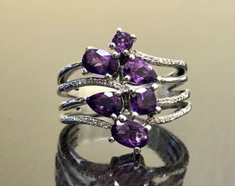 Art Deco Diamond Amethyst Engagement Ring - Sterling Silver Amethyst Diamond Wedding Ring - Diamond Silver Amethyst Ring - Diamond Ring