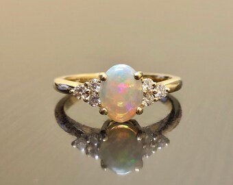 14K Yellow Gold Diamond Opal Engagement Ring - Art Deco Opal Diamond Wedding Ring - 14K Gold Diamond Opal Ring - 14K Gold Opal Diamond Ring