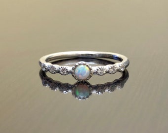 14K White Gold Art Deco Diamond Opal Engagement Ring - 14K Gold Diamond Opal Wedding Ring - Opal Diamond Ring - Diamond 14K Gold Opal Ring