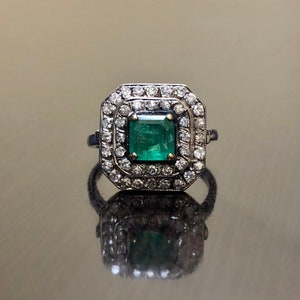 Art Deco Diamond Emerald Engagement Ring - 14K Gold Diamond Art Deco Emerald Wedding Ring - Halo Diamond Emerald Ring - Emerald Diamond Ring