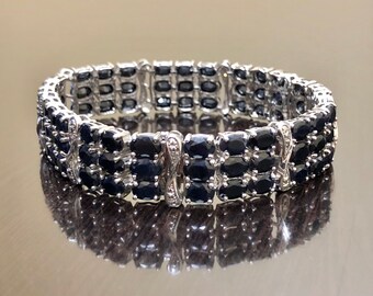Art Deco Diamond Blue Sapphire Bracelet - Sterling Silver Blue Sapphire Diamond Bracelet - Diamond Silver Sapphire Art Deco Bracelet