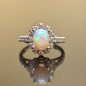 18K White Gold Halo Diamond Art Deco Opal Engagement Ring 18K Gold Opal ...