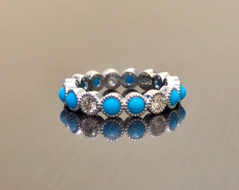 Platinum Diamond Eternity Turquoise Engagement Band - Art Deco Platinum Turquoise Diamond Wedding Band - Turquoise Diamond Platinum Band