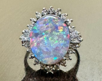 Handmade Platinum Art Deco Baguette Diamond Halo Australian Oval Black Opal Engagement Ring - Diamond Black Opal Platinum Ring