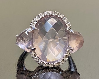 18K White Gold Halo Diamond Three Stone Rose Cut Rose Quartz Engagement Ring - Handmade White Gold Halo Rose Quartz Diamond Wedding Ring