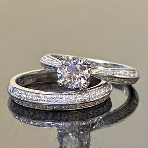 Art Deco Platinum GIA Diamond Engagement Ring Bridal Set - Handmade Platinum GIA Certified E Color Round Diamond Wedding Ring