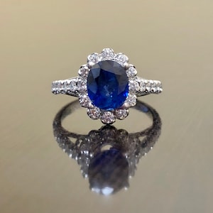 Art Deco Platinum Halo Diamond Sapphire Engagement Ring - Platinum Art Deco Sapphire Diamond Wedding Ring - Halo Sapphire Diamond Ring