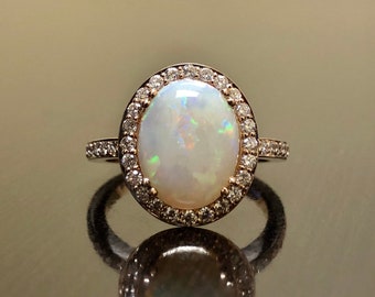 18K Rose Gold Halo Diamond Australian Opal Engagement Ring - Art Deco Rose Gold Opal Diamond Wedding Ring - Diamond Halo Opal Rose Gold Ring