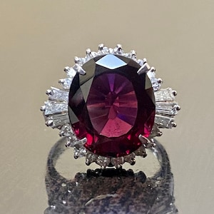 Art Deco Platinum Baguette Diamond 10.07 Rhodolite Garnet Engagement Ring - Handmade Platinum Oval Rhodolite Diamond Wedding Ring