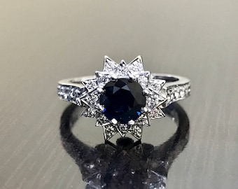 Art Deco Platinum Diamond Blue Sapphire Engagement Ring - Platinum Art Deco Sapphire Diamond Wedding Ring - Diamond Sapphire Platinum Ring