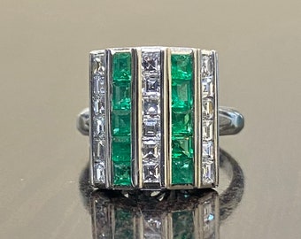 Platinum Art Deco Diamond Emerald Engagement Ring - Art Deco Platinum Emerald Diamond Wedding Ring - Art Deco Diamond Emerald Platinum Ring