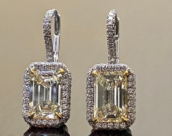 Art Deco Platinum Halo Emerald Cut Yellow Diamond Earrings - Handmade Platinum Diamond Emerald Cut Earrings - Emerald Diamond Drop Earrings