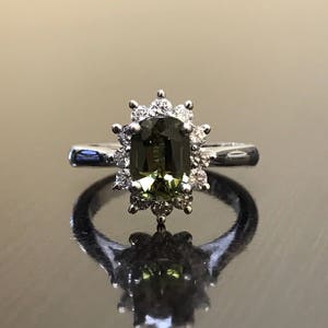 Art Deco Platinum Green Sapphire Halo Diamond Engagement Ring - Platinum Art Deco Diamond Wedding Ring - Halo Sapphire Diamond Platinum Ring