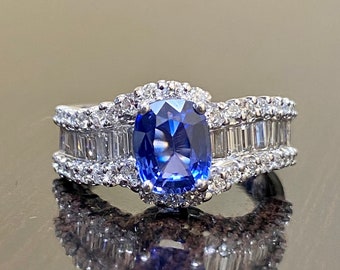 18K White Gold Baguette Diamond Oval Blue Sapphire Engagement Ring - Art Deco Sapphire Diamond Wedding Ring - 18K Gold Diamond Sapphire Ring