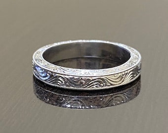 Art Deco Platinum Engagement Band - Art Deco Hand Engraved Platinum Wedding Band - Engraved Platinum Band - Platinum Art Deco Band - Bridal