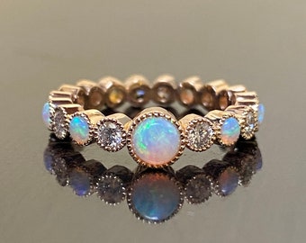 18K Rose Gold Eternity Diamond Opal Engagement Ring - Art Deco Rose Gold Opal Diamond Wedding Ring - Handmade Rose Gold Opal Eternity Ring