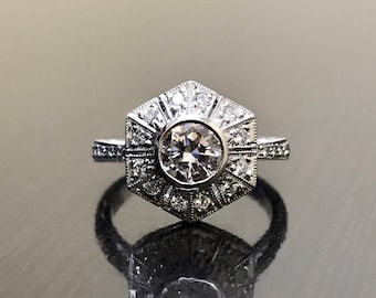 Art Deco Platinum Halo Diamond Engagement Ring - Halo Platinum Diamond Wedding Ring - Hand Engraved Platinum Ring - Halo Diamond Ring