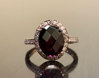 Anillo de compromiso de diamantes de oro rosa de 18 quilates rhodolite granate - Anillo de bodas de diamantes de oro rosa art deco - Anillo de diamantes Halo - Anillo de oro rosa de 18 quilates