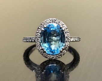 18K White Gold Halo Diamond Blue Topaz Engagement Ring - Art Deco 18K Gold Blue Topaz Diamond Wedding Ring - Halo Blue Topaz Diamond Ring