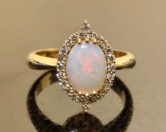 18K Yellow Gold Vintage Style Art Deco Diamond Halo Opal Engagement Ring - 18K Opal Halo Diamond Wedding Ring - 18K Gold Diamond Opal Ring