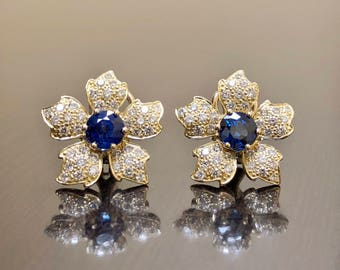18K Yellow Gold Diamond Ceylon Blue Sapphire Earrings - Art Deco 18K Gold Sapphire Diamond Earrings - 18K Blue Sapphire Art Deco Earrings