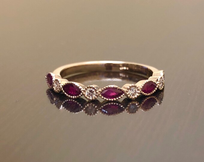 18K Yellow Gold Half Eternity Diamond Ruby Engagement Band - 18K Gold ...