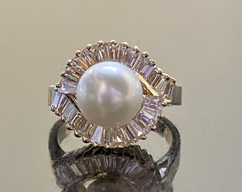 14K Yellow Gold Art Deco Pearl Diamond Engagement Ring - Art Deco 14K Gold Halo Diamond Pearl Wedding Ring - Pearl Diamond Ring - Pearl Ring