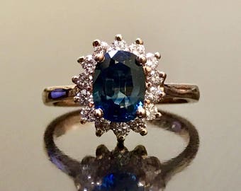 18K Rose Gold Halo Diamond Sapphire Engagement Ring - 18K Gold Halo Sapphire Diamond Wedding Ring - Rose Gold Sapphire Ring - Diamond Ring