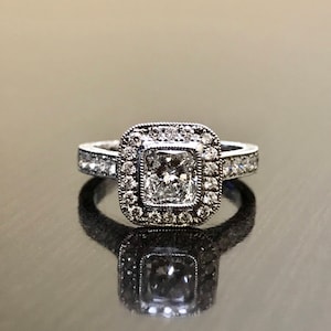 Platinum Art Deco Radiant Diamond Engagement Ring - Art Deco Platinum Diamond Wedding Ring - Hand Engraved Platinum Ring - Halo Diamond Ring