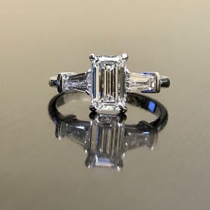 Emerald Cut Diamond Engagement Ring - Art Deco 18K White Gold Diamond Wedding Ring - Emerald Cut Three Stone Diamond Ring - 18K Diamond Ring