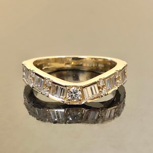 14K Yellow Gold Round Diamond and Baguette Diamond Matching Band - 14K Gold Curved Diamond Engagement Band - 14K Gold Diamond Wedding Band