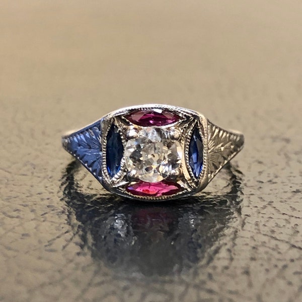 1940's Estate Vintage Marquise Ruby Blue Sapphire Hand Engraved Platinum Old European Diamond Engagement Ring - Sapphire Ruby Diamond Ring