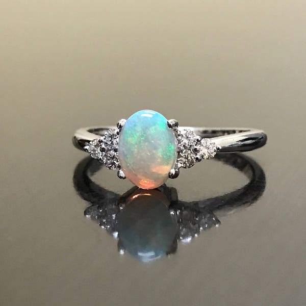 Handmade Platinum Classic Diamond Genuine Oval Australian Opal Art Deco Ring - Platinum Diamond Oval Opal Engagement Ring