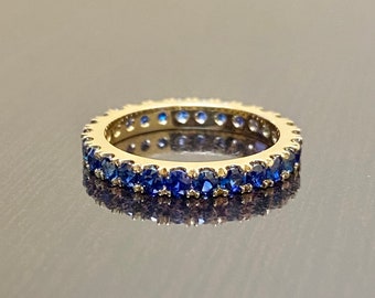 14K Yellow Gold Eternity Sapphire Engagement Band - Art Deco 14K Gold Blue Sapphire Wedding Band - 14K Ceylon Blue Sapphire Eternity Band