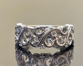 Sterling Silver Art Deco Scroll Diamond Engagement Band - Handmade Silver Diamond Wedding Band - Vintage Inspired Diamond Silver Band
