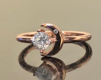14K Rose Gold Crescent Moon Diamond Engagement Ring - Handmade Rose Gold Solitaire Diamond Wedding Ring - Diamond Rose Gold Solitaire Ring