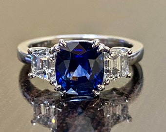 Platinum Three Stone Diamond Royal Blue Sapphire Engagement Ring - Cushion Blue Sapphire Art Deco Platinum Trapezoid Diamond Wedding Ring