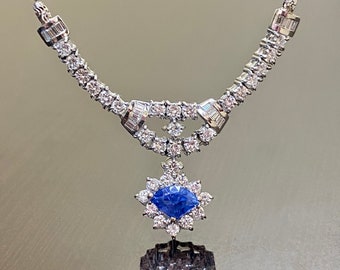 18K White Gold Art Deco Diamond Blue Sapphire Necklace - Handmade 18K Gold Ceylon Sapphire Baguette Diamond Round Diamond Necklace