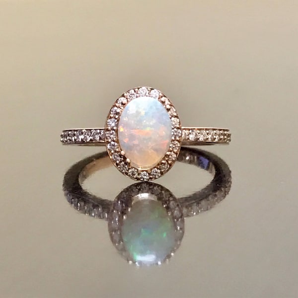 Rose Gold Opal Engagement Ring -  14K Art Deco Rose Gold Halo Opal Diamond Wedding Ring - 14K Rose Gold Opal Halo Diamond Ring - Opal Ring
